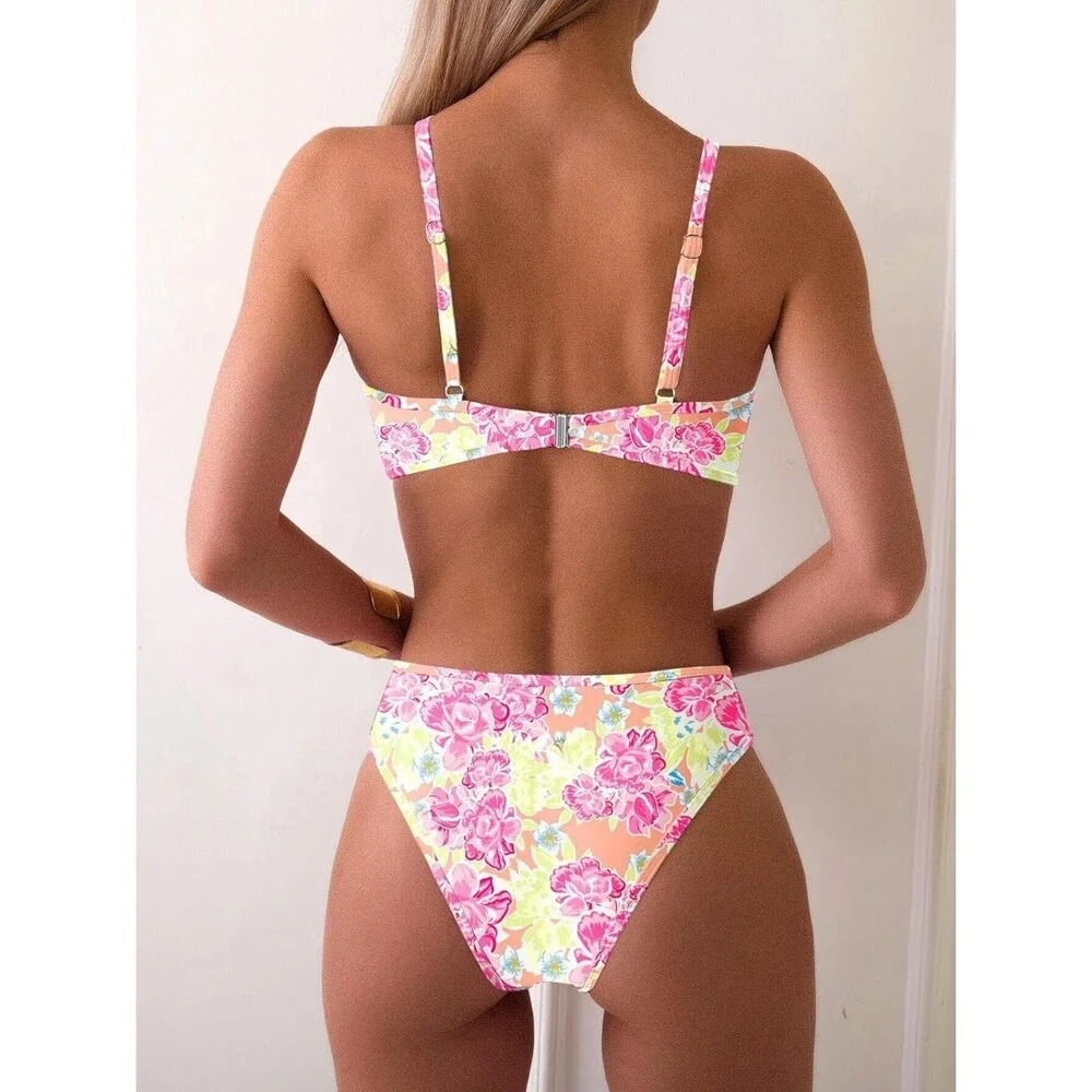 Women's Two Piece Swimsuits LARGE Triangle Bikini Sets O Ring Floral Pink Green